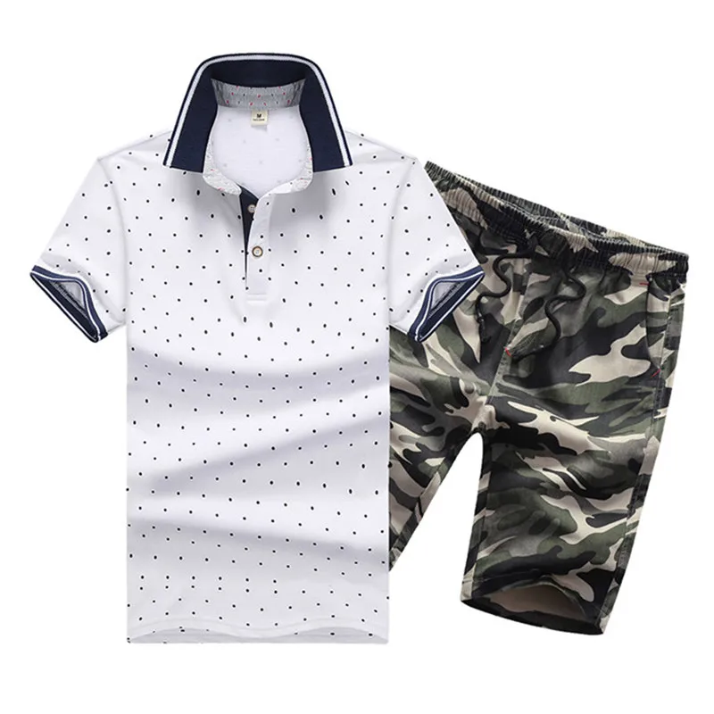 

Mens Suits New Summer Two Piece Polo shirt +Camouflage Shorts Fashion Male Slim Fit Casual Sets Asia Size M-4XL