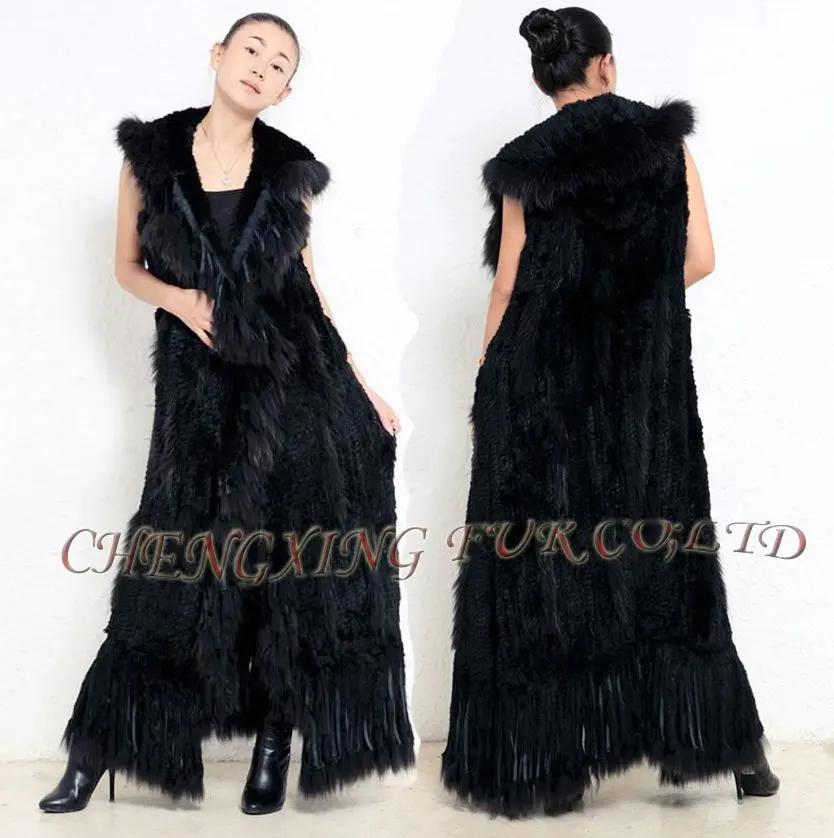 Женский черный удлиненный жилет из натурального меха енота и кролика|vest outerwear|fur