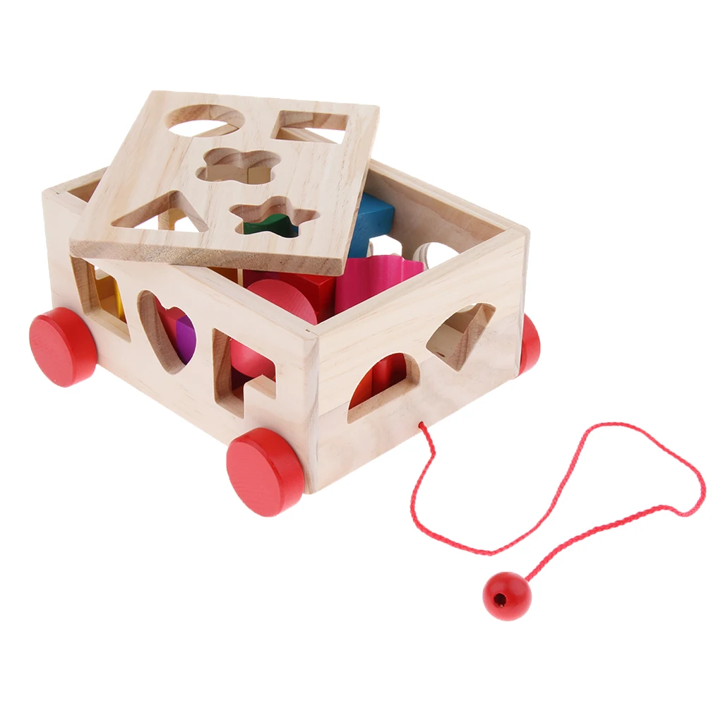 Kids Wooden Shape Sorting Car Educational Toys Toddler Baby Jigsaw Stacking Game Toddler Drag Car to Walk Gifts