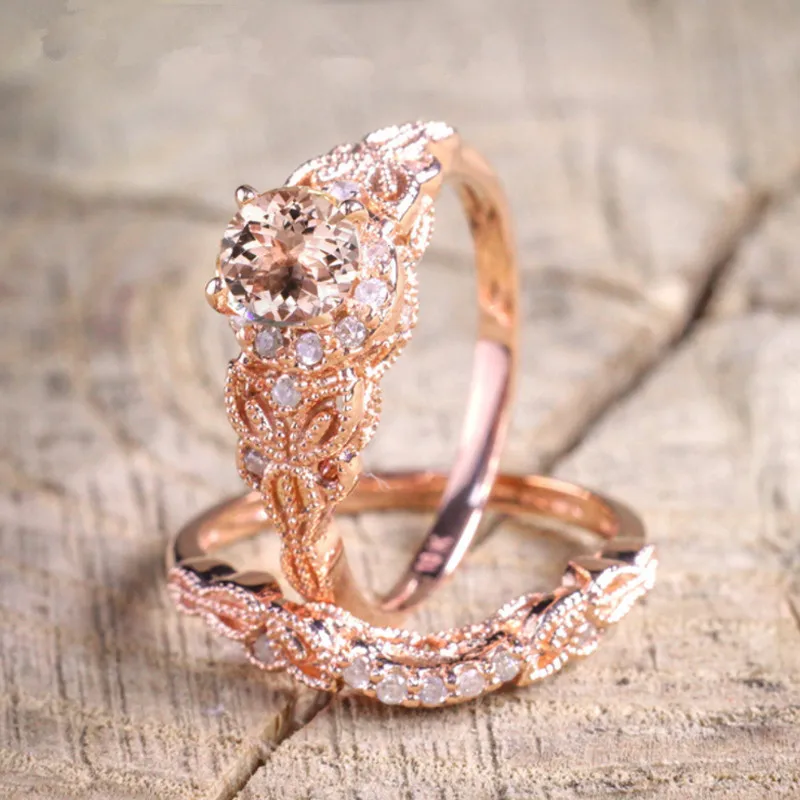 2Pcs/Set Charms Jewelry Cocktail Engagement Wedding Rings For Women Crystal Zircon Statement Rose Gold Accessories Gift