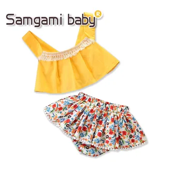 

SAMGAMI BABY Newborn Infant Girls Clothes Yellow Condole Belt Tops+Skirt Shorts 2pcs Toddler Girl Summer Clothing Set Kids Suit