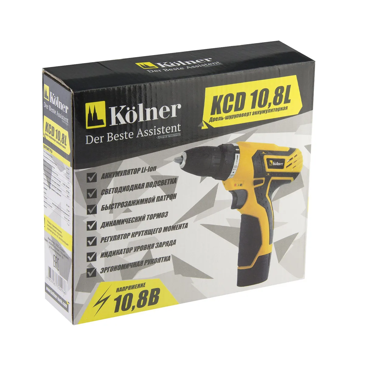 Дрель-шуруповерт аккумуляторная Kolner KCD 10,8L (Аккумулятор Li-Ion 10,8 В, энергоемкость 1,3 Ач, макс крутящий момент 16 Нм, диаметр сверления дерево 16 мм, вес 1 кг)