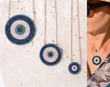 Collar de moda redonda con micro pavé de circonia cúbica, turquesas auténticas, turco, mal de ojo