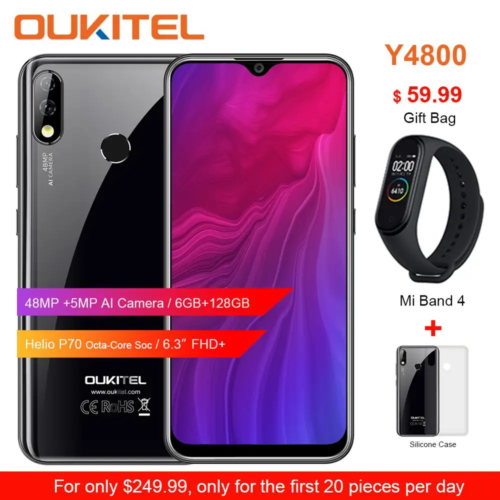 

OUKITEL Y4800 RAM 6GB ROM 128GB 6.3 "Android 9.0 Mobile Phone 4000mAh MT6761 Fingerprint ID 48MP +5MP Fingerprint Recognition