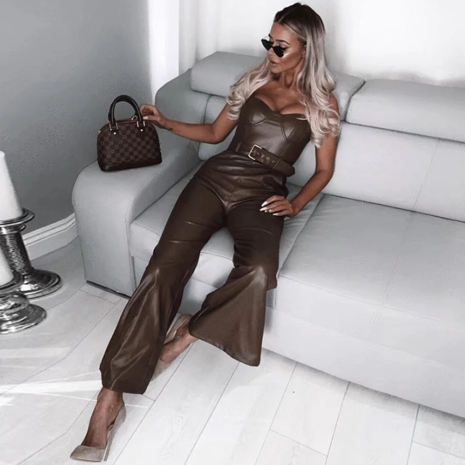 New Celebrity High Quality Non-slip Army Green Leather Loose Jumpsuit 2019 New Belt Decoration Sexy Fashion Party Jumpsuit