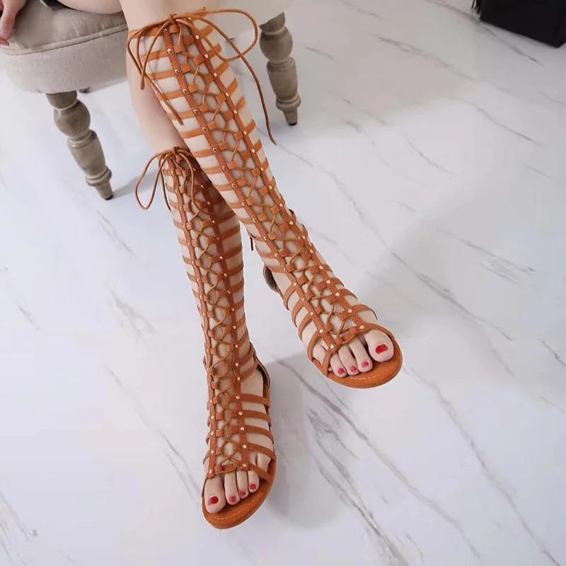 

Fashion Women Rome Style Gladiator Boots 2018 Sexy Women Flat sandals Casual Spring Autumn Summer Knee High Boot Size 34-40