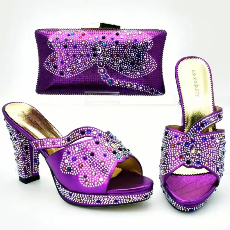 

Women Shoes and Bag Set Purple Color Italian Shoes with Matching Bag Set Decorated with Rhinestone Nigerian Wedding Shoes