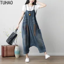 TUHAO размера плюс женские свободные рваные джинсовые комбинезоны свободного покроя винтажный комбинезон бойфренд с карманами джинсы комбинезон брюки