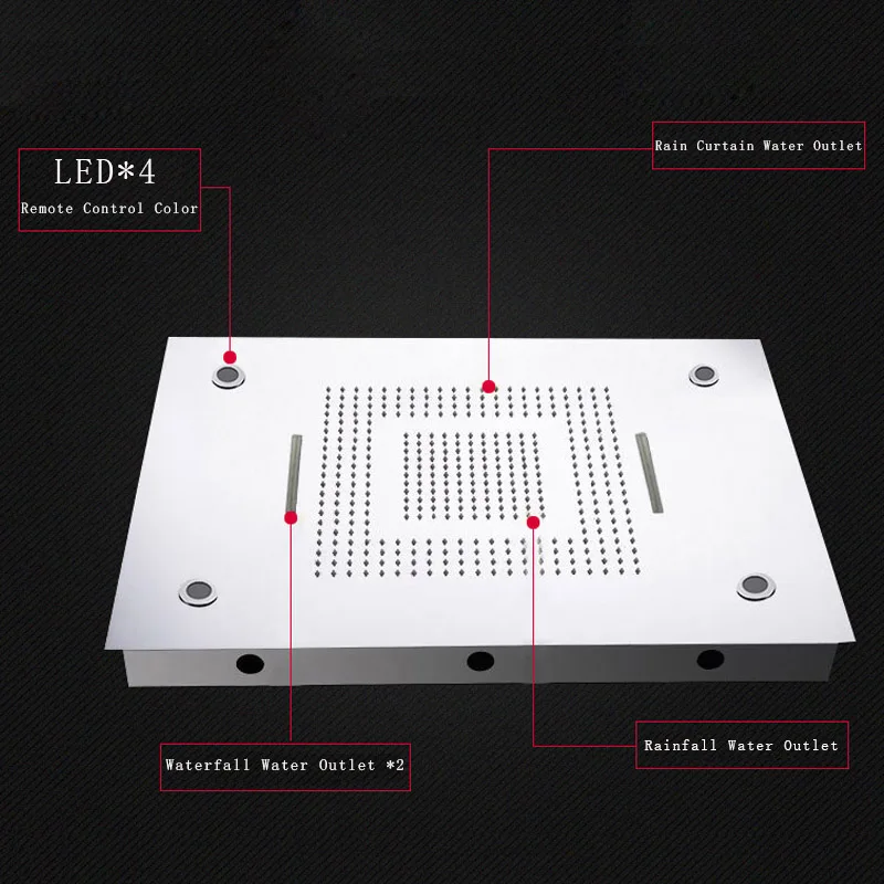 Ceiling Embedded Rainfall Waterfall LED Shower Head Big Water Curtain Showerhead Bathroom 600*800mm 3 Functions Showers Brushed