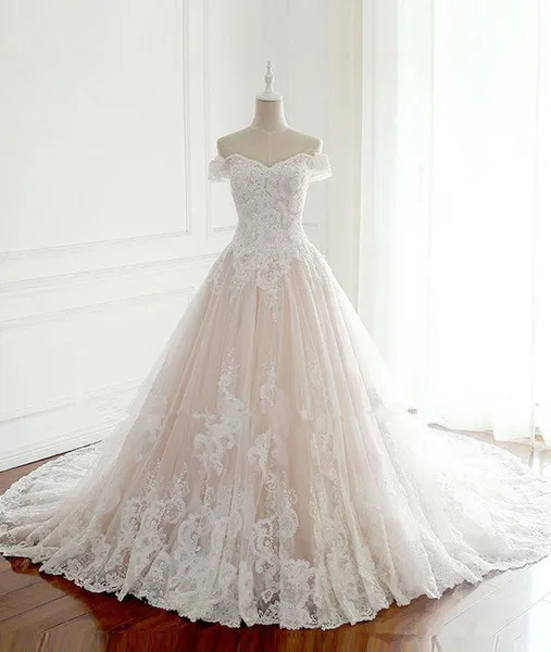 

Wedding Dresses 2019 Pink Tulle White Lace Princess Off the Shoulder Bridal Gown Turkey Bride vestido de noiva mariage gelinlik