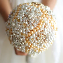 Белый и золотой жемчуг свадебный букет кристалл на заказ роскошный свадебный букет blingbling невесты Сферический Свадебный букет из бисера букеты