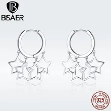 BISAER, 925 пробы, серебряные серьги-гвоздики с мерцающими звездами для женщин, модные серьги с геометрическими звездами, ювелирные изделия, серьги, бижутерия ECE481