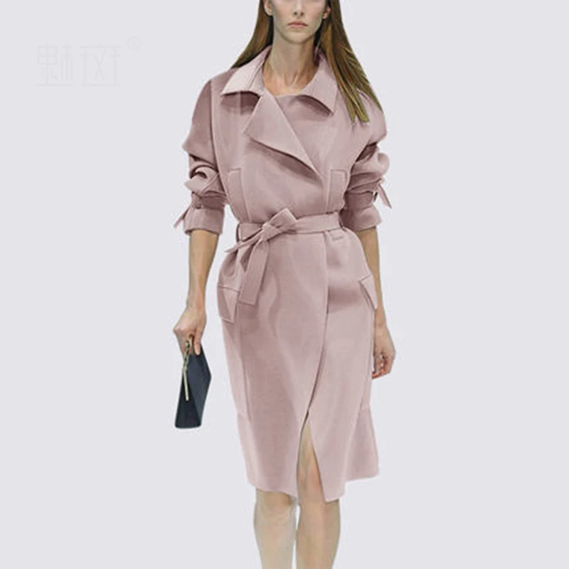 Trench Coat For Women Long Sleeve Lady Pink Windbreaker