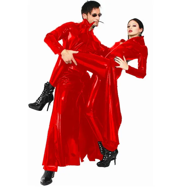 Готический Wetlook ПВХ искусственного латекса Перезагрузка Сексуальная фантазия Хэллоуин костюм для женщин мужчин унисекс виниловый матричный Тренч кожаный комбинезон платье - Цвет: Red