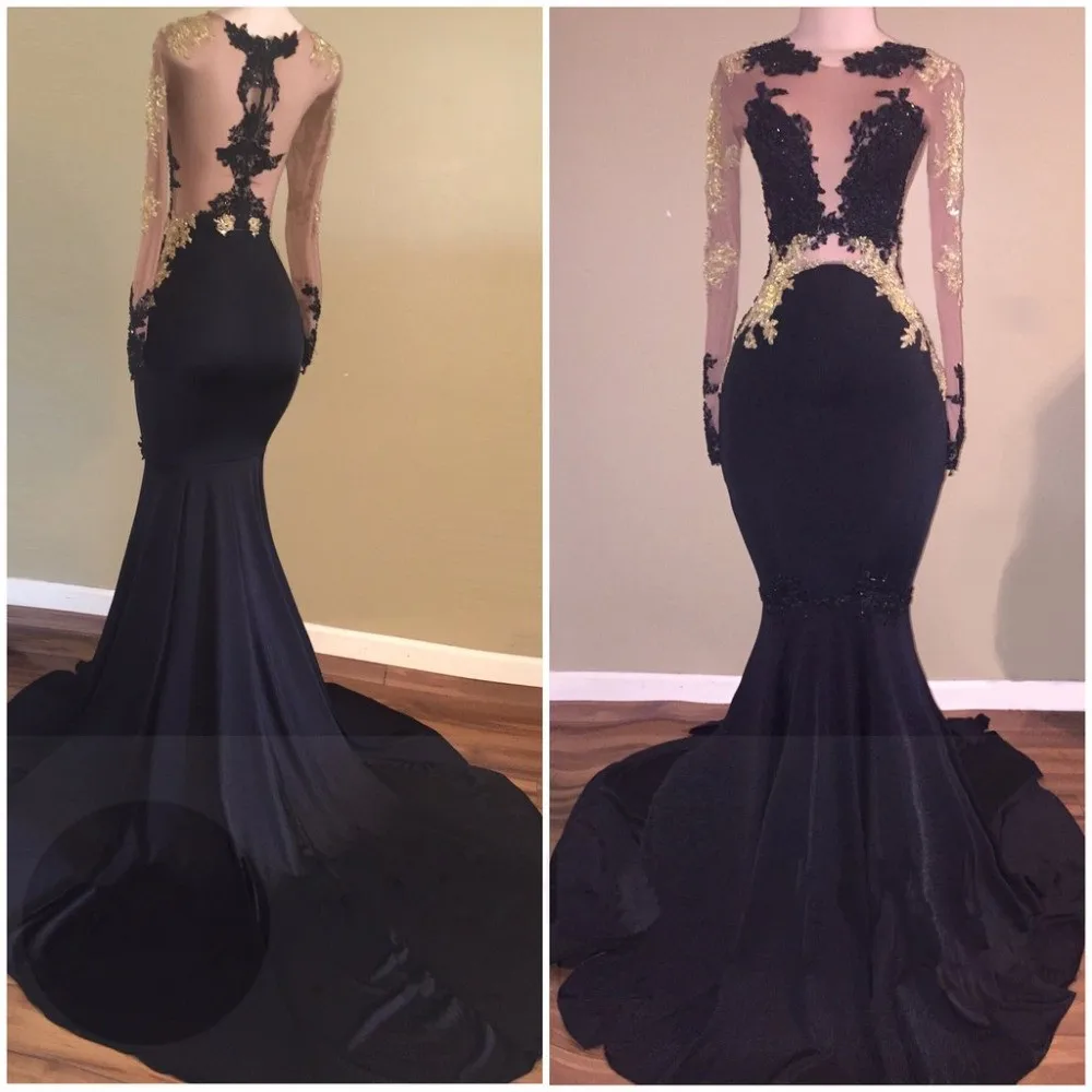 Black Lace Long Sleeve Mermaid Prom Dresses with Applique 2019 Plus Size African Formal Evening Gowns Gala Dress | Свадьбы и