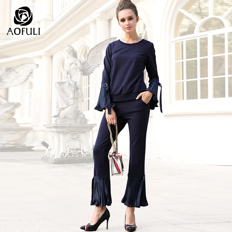 

L~ 3XL Ladies Pleated Ruffles Pantsuit Two Piece Autumn Suit Set Long Sleeve Casual Blue Long Trouser Twinset AOFULI B6128