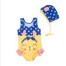 Г. Лидер продаж, летние детские Купальники Цельный милый кот купальники для маленьких девочек Дети плавание купальник+ шляпа Комплекты из 2 предметов ws481