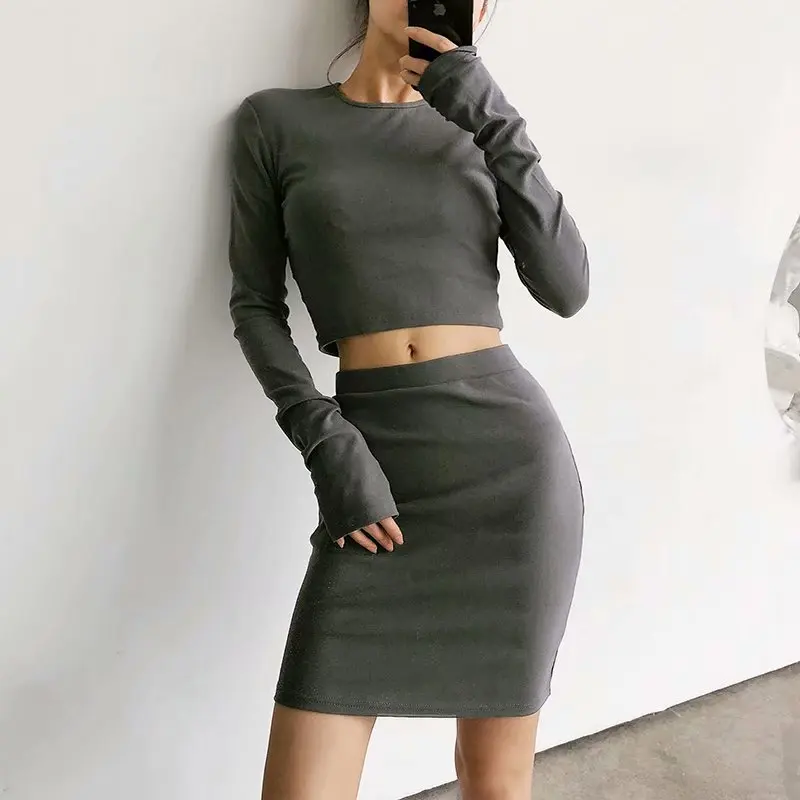 Spring O Neck Long Sleeve Pullovers Slim Solid Color Women 2 Piece Set Dress Party Sexy High Street | Женская одежда