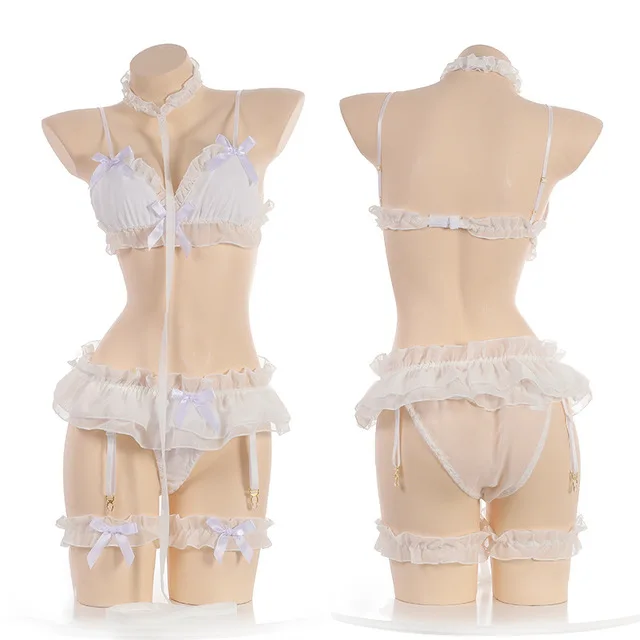 White set Японский сексуальный комплект нижнего белья для девочек в стиле Лолиты из шифона и кружева; нижнее белье; флирт Kawaii аниме; Косплей; одежда для сна; бюстгальтер; кольцо для ног - Цвет: White set