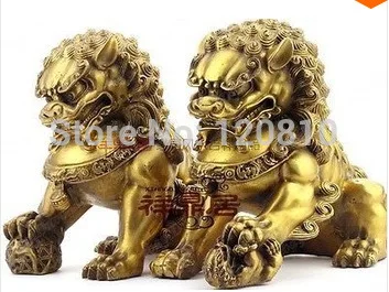 

Chinese Folk Classic copper Big lion guard pair fenshui foo Dog Statues