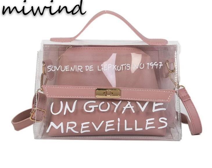 

MIWIND New Beach Transparent Bag Women Clear PU Crossbody Bag Flap Girl 2018 Women Jelly Letter Pattern Handbags Letter Printing