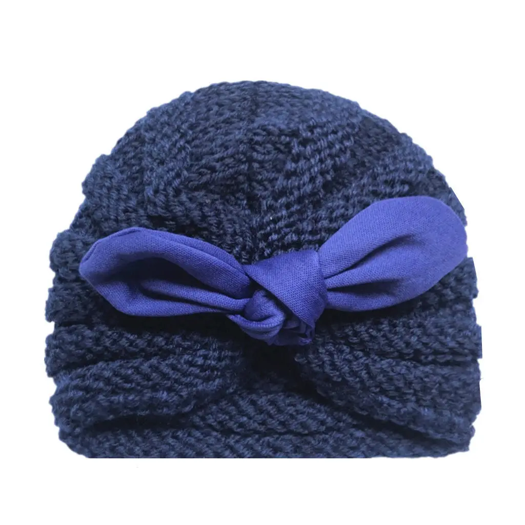 Новорожденный малыш ребенок для маленьких мальчиков и девочек Вязаный тюрбан Твердые бантом теплая зимняя шапочка шляпа кепки прекрасный - Цвет: Тёмно-синий