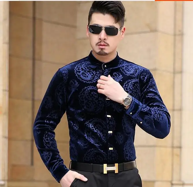 Новая импортная Одежда Мужские Роскошные брендовые рубашки cheval Chemise Homme Marque Lux Camisa Social Masculina Velvet Slik Shirts Slim - Цвет: Blue fur lining