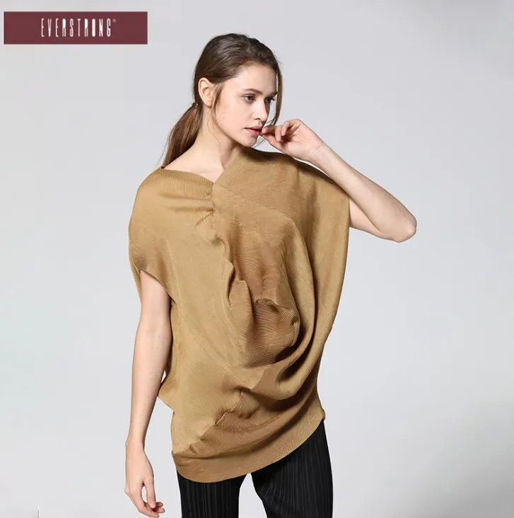Хаки Miyake модная плиссированная футболка с v-образным вырезом и рукавами «летучая мышь» - Цвет: Хаки