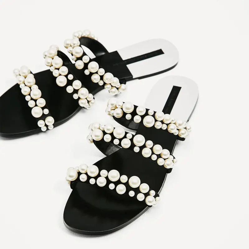 

Fashion Summer Beach Party Dresses shoes Fulgurant Pearl Sandals thin Belt Roman Flat Women Flip Flops Casual Flat Slippers