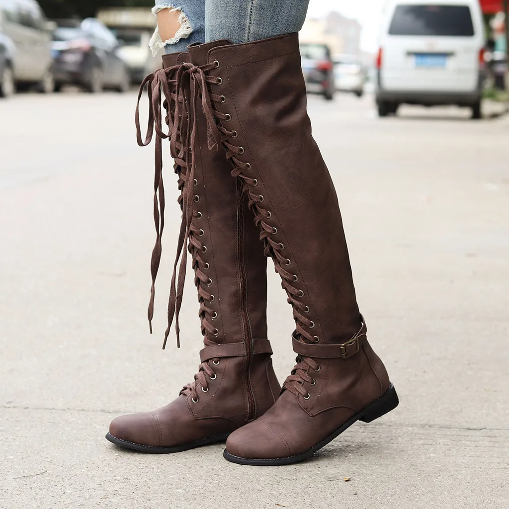 

MUQGEW winter boots shoes woman knee high boots with belt buckle Retro Low-heeled Shoes Lace-UP Long Tube Knight boots women