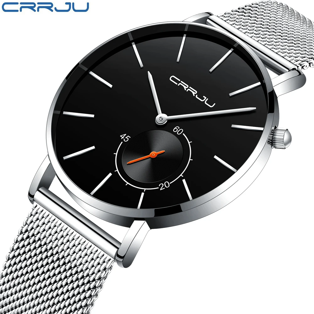 Мужские часы CRRJU уникальный дизайн черные повседневные кварцевые мужские