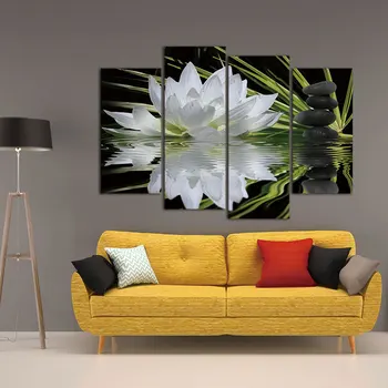 

4 Pieces/set Canvas Print Flower White Lotus In Black Wall Art Picture with Modern Wall Paintings Modular picture