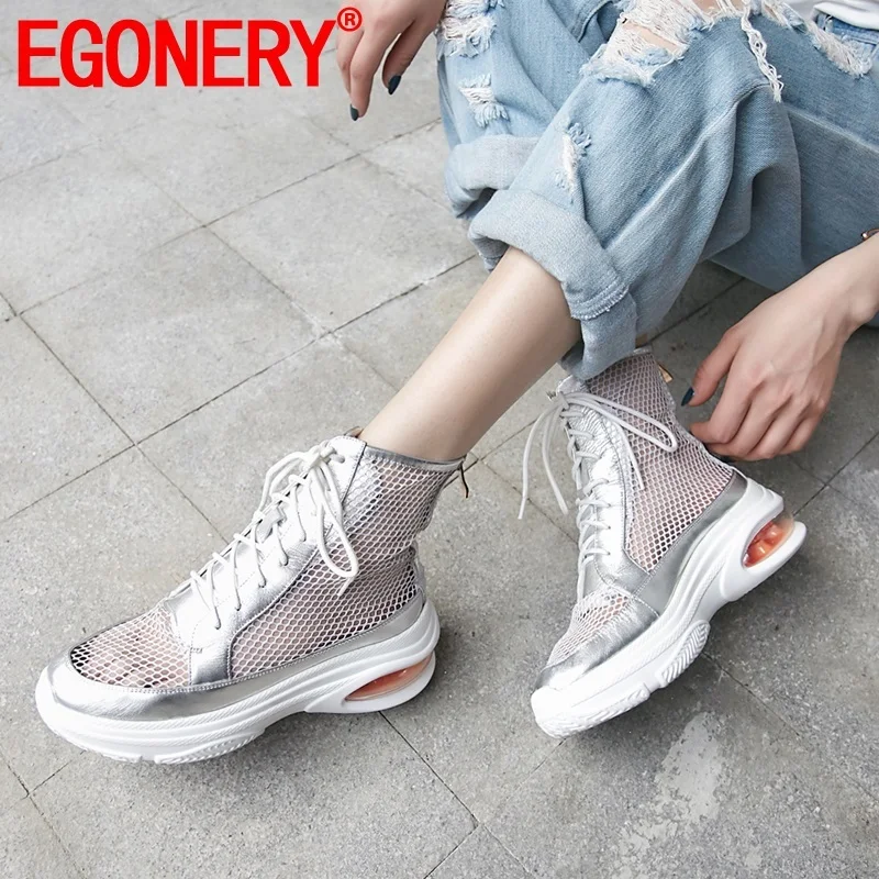 

EGONERY woman shoes 2019 summer new concise casual mesh hollow boots outside comfortable high heels platform zip woman sandals