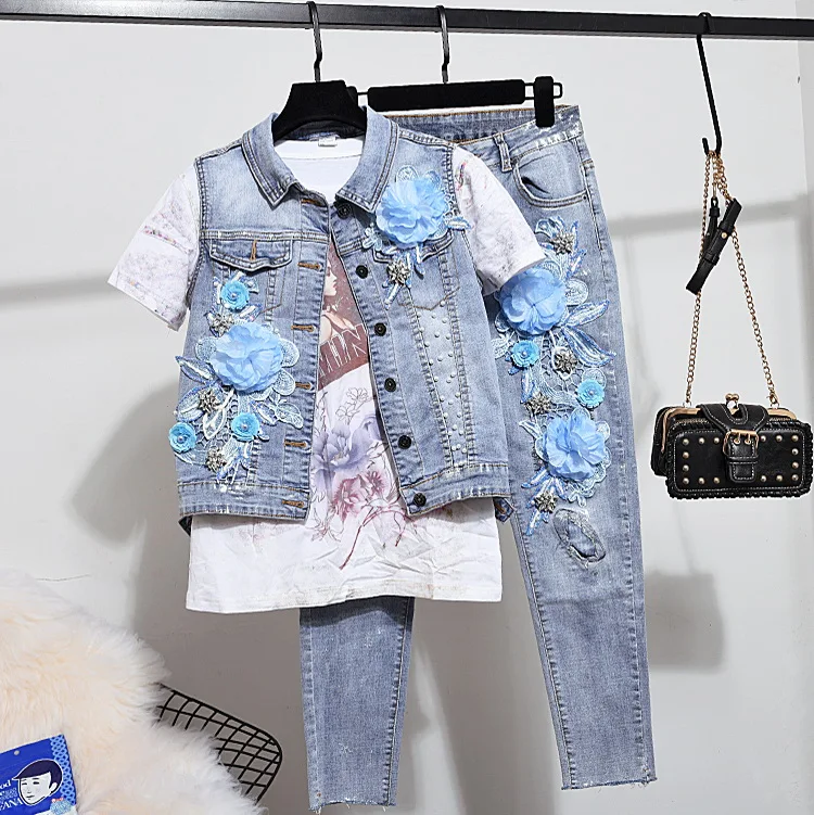 Весенне-летняя одежда новые женские трехмерные вышитые цветы на джинсовой ткани жилет куртка+ эластичные джинсы комплект из двух предметов для студентов