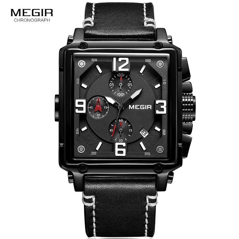 MEGIR Men's Sports Chronograph Wrist Watch for Men Army Leather Square Quartz Stop Watch Clock Man Relogios Masculino 2061Black - Image 5