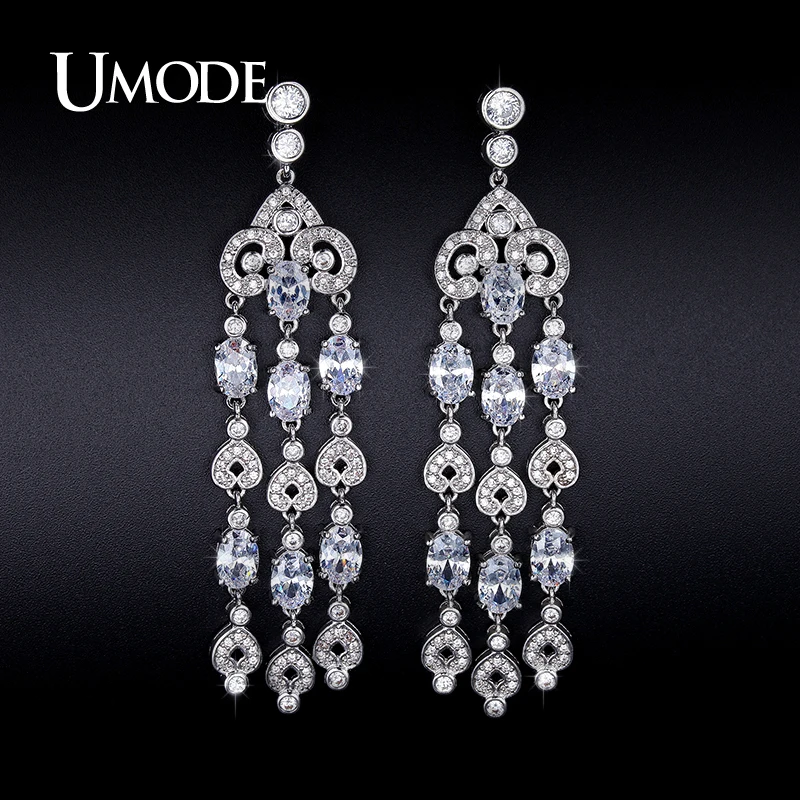 

UMODE Stylish Retro Heart Designed Drop Earrings White Gold Color CZ Stones Long Dangle Earrings for Women Brinco UE0234
