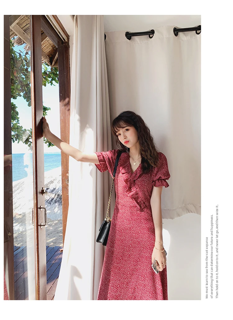 Mishow, женское летнее шифоновое платье, цветочный принт, v-образный вырез, короткий рукав, оборки, милые платья MX19B1291