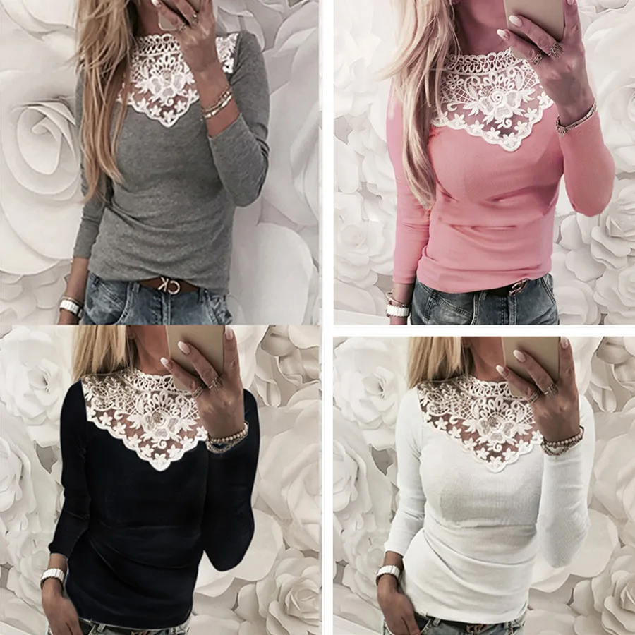 

Women Spring Lace Stitching T Shirt Long Sleeve O-neck Casual Solid Color Tops Tees Female Sexy long sleeve shirt women clothing