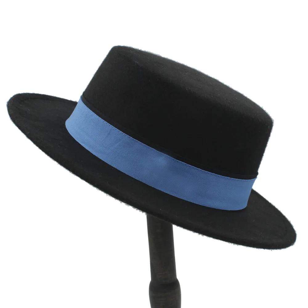 

2019 Wool Flat Homburg Fedora Hat Women Men Winter Autum Wide Brim Jazz Church Boater Pork Pie Top Caps Blue Ribbon