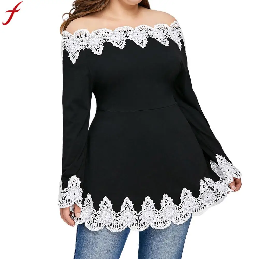 

Fashsiualy 5XL Big Sizes Womens Tops And Blouses Lace Patchwork Long Sleeve Tunic Shirt Sexy Large Sizes Slash Neck Loose Blouse