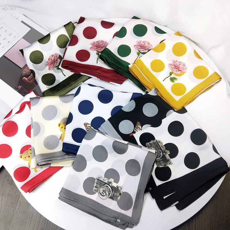 

AOMU Korea New Small Square Satin Wave Point Scarf Head Neck Scarf Elegant Women's Hair Tie Band Wrap Handkerchief