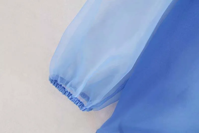YNZZU Сексуальная перспективная блуза из органзы синяя с пышными рукавами три четверти женская рубашка с отложным воротником свободные женские топы YT643