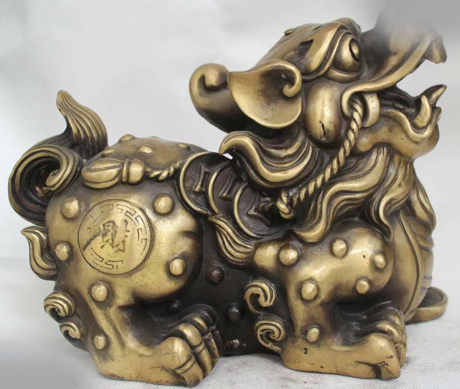 

9" Chinese Feng Shui Bronze Lucky Fu Wealth kylin kirin Animal Statue Sculpture