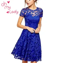 Women Floral Lace Dresses Short Sleeve Party Casual Color Blue Red Black Mini Dress