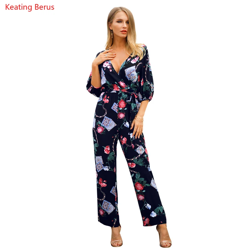 

Keating Berus Spring 2019 Floral Printed Cotton Nine-cent Pant Belt sexy jumpsuit rompers womens jumpsuit