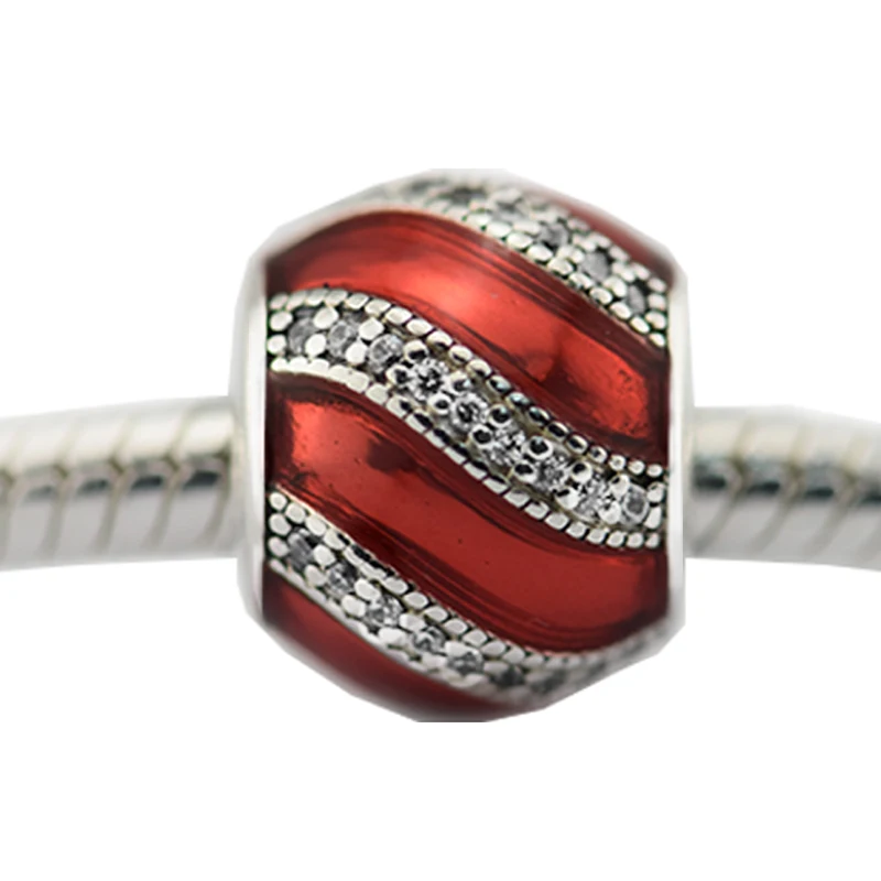 

925 Sterling Silver Beads Adornment Charm with Translucent Red Enamel & Clear CZ Silver Beads for Women DIY Fits Bracelets