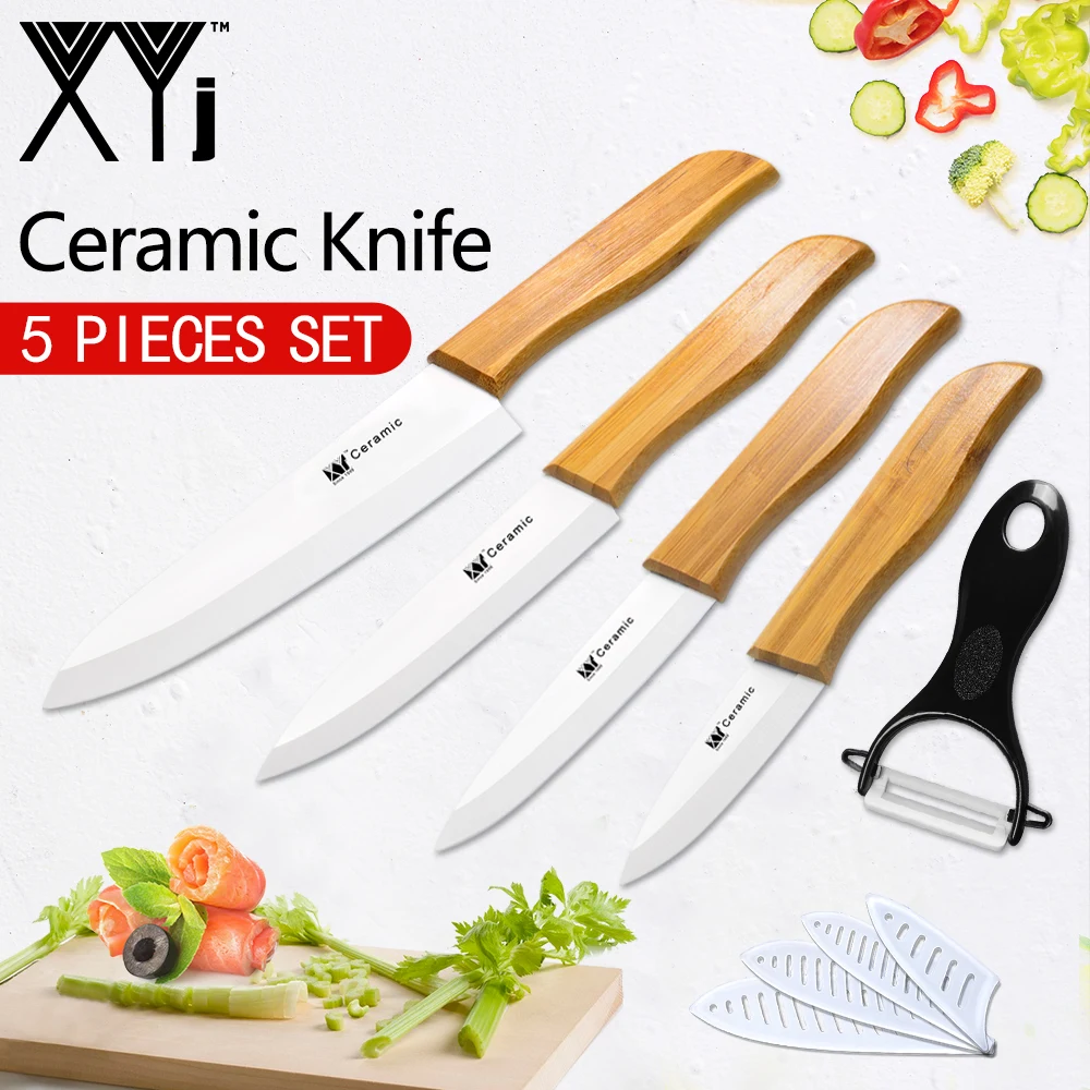 XYj набор кухонных ножей с бамбуковой ручкой, набор керамических ножей с черно-белым лезвием, кухонные инструменты, аксессуары " 4" " 6" дюймов+ Чехлы