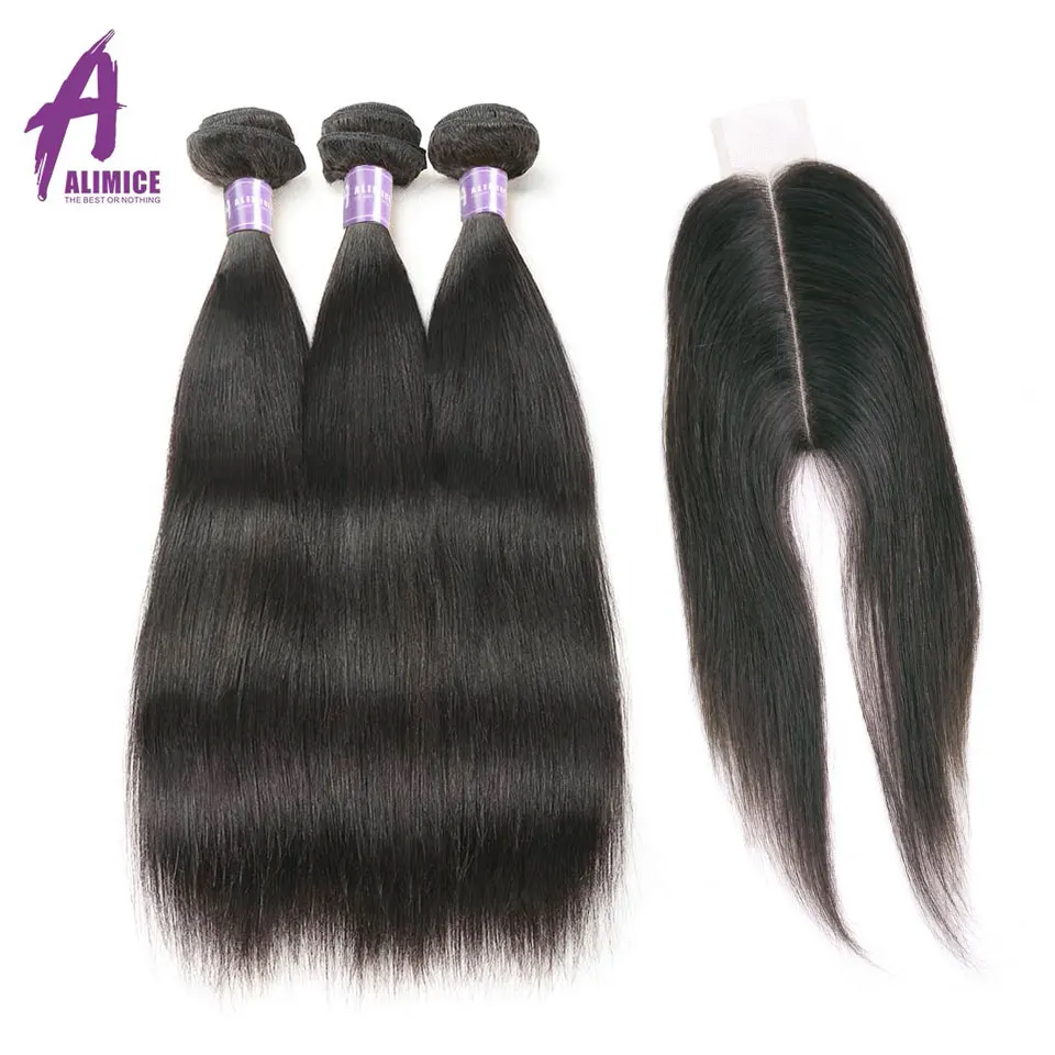 ALIMICE Indian Straight Hair 3 Bundles With Closure 26 Middle Part Hair Extension With Closure Human Hair Bundles With Closure (52)