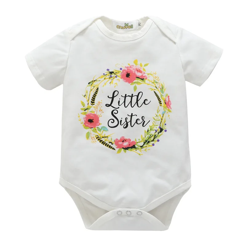 Baby Children's Clothing Baby Clothes Baby Onesies Newborn Girls Wear Short-sleeved Flower Lettter Printed Clothes Solid Cotton