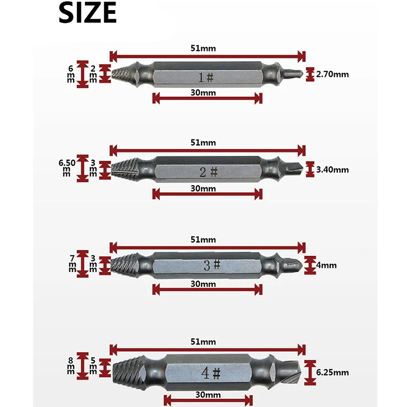 4Pcs Damaged Screw Extractor Drill Bits Guide Set Broken Damaged Bolt Remover Double Ended Damaged Screw Extractor Hand Tools